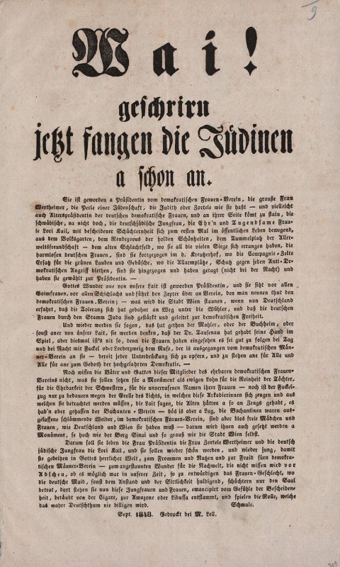 Antisemitisches Flugblatt anlässlich der Gründung des Wiener Demokratischen Frauenvereins im September 1848.