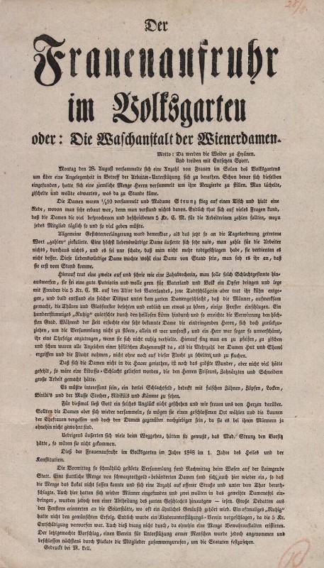 Flugschrift anlässlich der Gründung des Wiener Demokratischen Frauenvereins, August 1848.