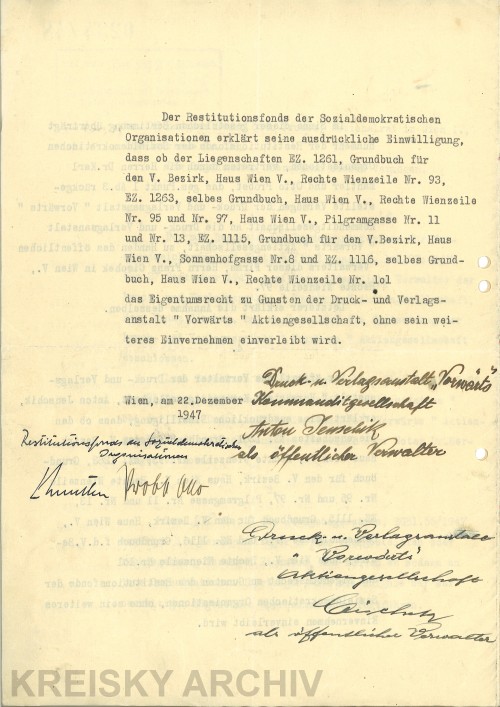 1947 wurden die von den Liegenschaften der Druck- und Verlagsanstalt "Vorwärts" der Sozialdemokratischen Partei zurückgegeben.