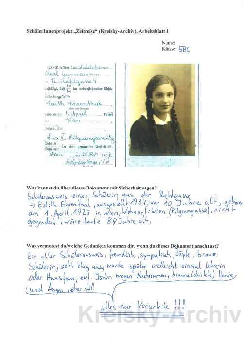 Arbeitsblatt des Vermittlungsprojekts mit Schülerausweis Edith Ehrenthals, 1937.