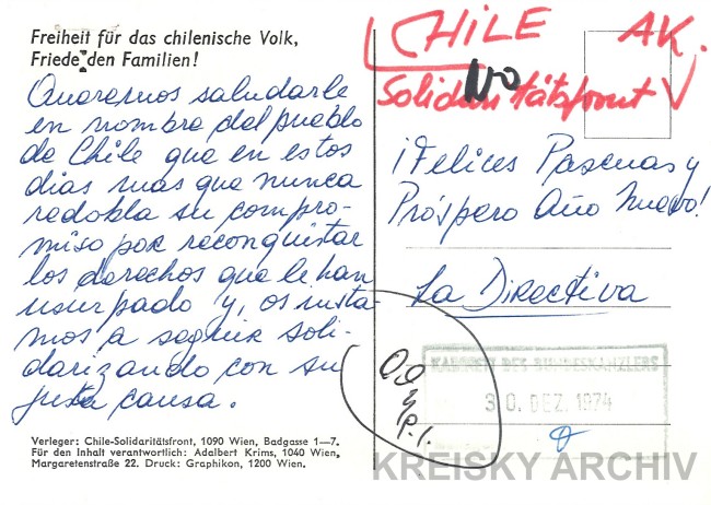Postkarte der österreichischen Chile-Solidaritätsfront, 1975.