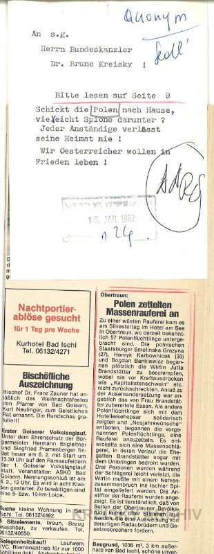 Anonyme Zusendung an Bruno Kreisky, 1982.