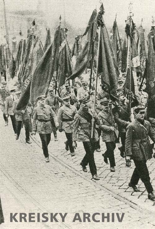 1931: Fahnenblock bei einem Schutzbundaufmarsch auf der Ringstraße.