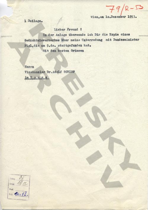 Machtkampf im Außenamt: Gedächtnisvermerk Bruno Kreiskys über eine Unterredung mit BM Figl, Dezember 1953.