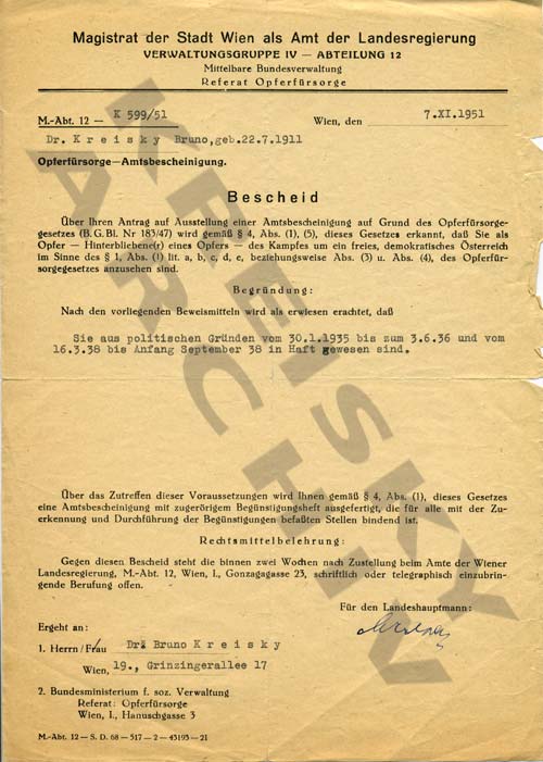 Zuerkennung von Haftentschädigung nach dem Opferfürsorgegesetz an Bruno Kreisky, 1953.
