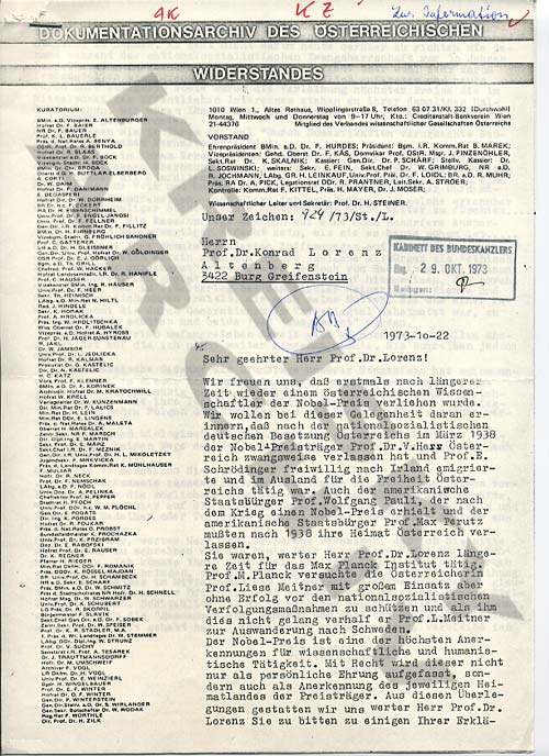 Brief DÖW an Konrad Lorenz mit der Frage nach seiner politischen Haltung während der NS-Zeit, 1973.
