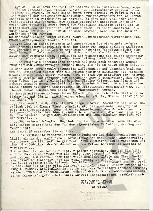 Brief DÖW an Konrad Lorenz mit der Frage nach seiner politischen Haltung während der NS-Zeit, 1973.