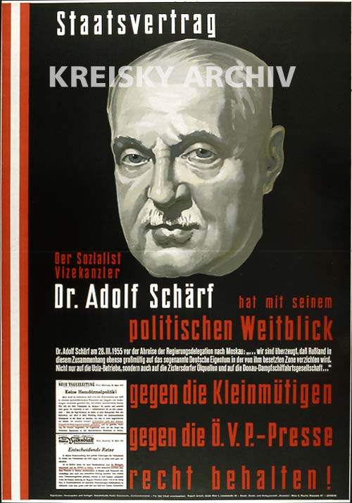 Adolf Schärf als Gründerfigur der 2. Republik. Plakat der SPÖ, 1955