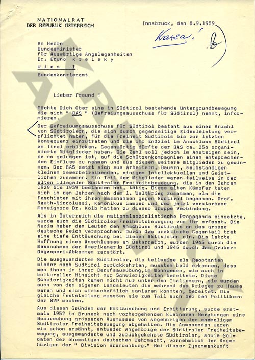 Bericht an BM Bruno Kreisky über die Südtiroler Untergrundbewegung, 8. September 1959.