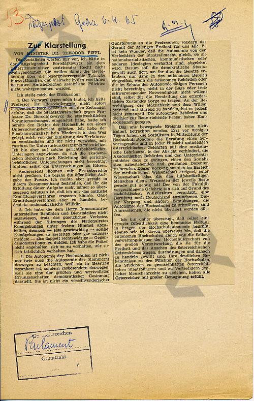 BM Piffl-Perčević antwortet auf die parlamentarische Anfrage der SPÖ, Grazer Tagespost vom 6.4.1965