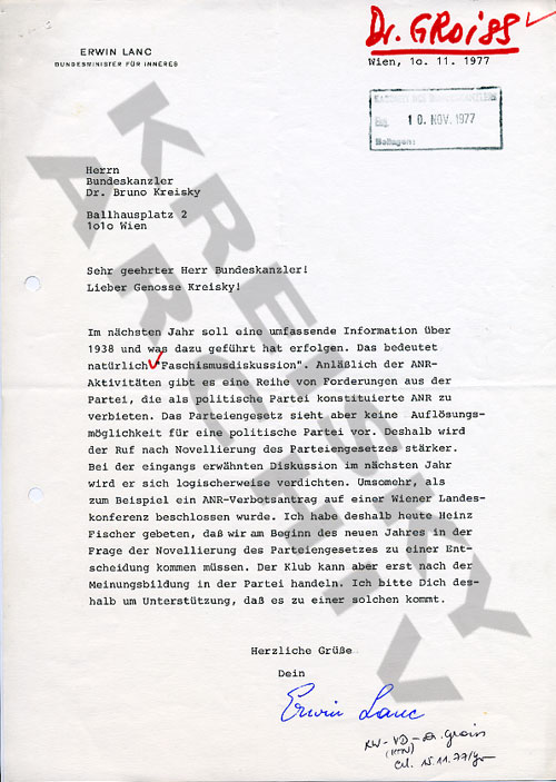 BM Lanc an Bruno Kreisky betreffend Änderung des Parteiengesetzes - Verbot der ANR, November 1977