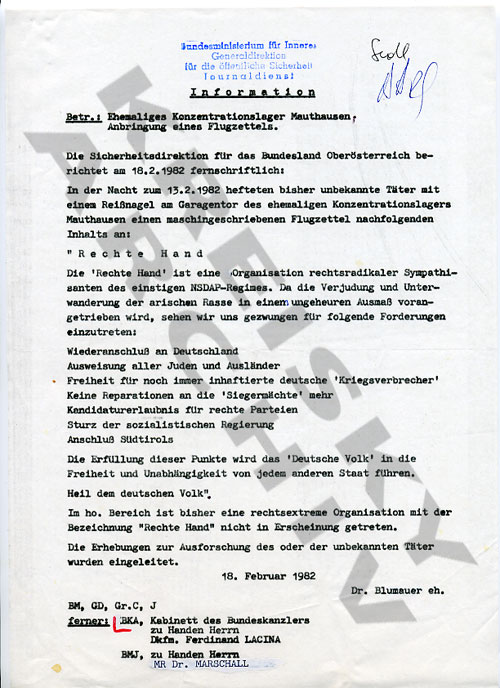 Polizeibericht betreffend NS-Flugblätter in Mauthausen, Februar 1982
