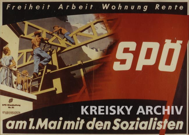 Diese Wandzeitung der SPÖ aus 1955 verdeutlicht die Geschlechterrollenzuteilung der Nachkriegszeit auf markante Weise. Im Hintergrund ist eine Staumauer des zwischen 1944 und 1954 erbauten Speicherkraftwerks Kaprun zu sehen.