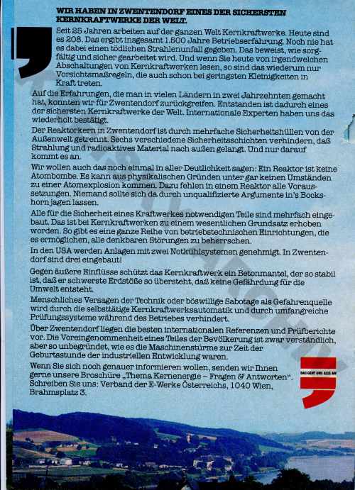 Auszüge aus der Broschüre „Warum wir Zwentendorf brauchen“ herausgeben vom Verband der Elektrizitätswerke Österreichs
