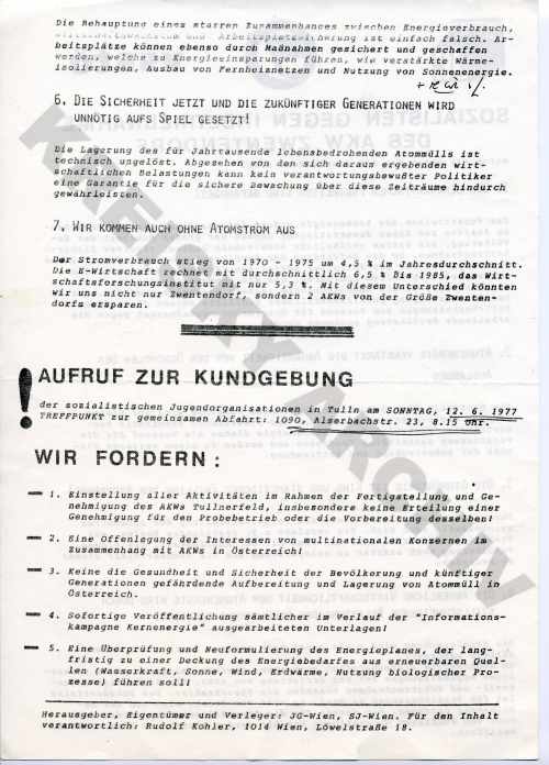 Flugblatt „Sozialisten gegen Inbetriebnahme des AKW Zwentendorf“ von der Jungen SPÖ