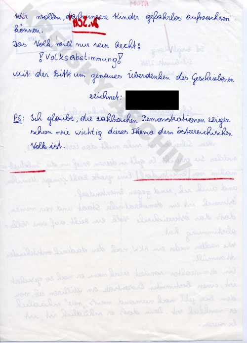 Protestbrief von jugendlicher Kernkraftgegnerin aus Wien mit der Forderung nach einer Volksabstimmung vom 14. 4. 1978