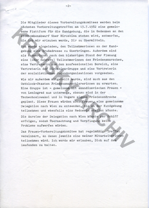 Information für den Bundeskanzler von Johanna Dohnal über Verlauf des Friedensmarsches der „Frauen für den Frieden“ 1982
