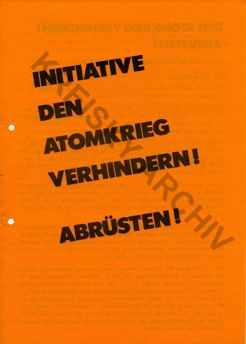 Flugblatt: "Initative den Atomkrieg verhindern! Abrüsten!"