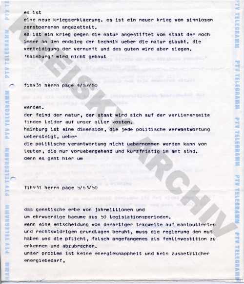 Telegramm von Friedensreich Hundertwasser an Bruno Kreisky bezüglich Ereignisse in Hainburg, gesendet am 11. 12. 1984