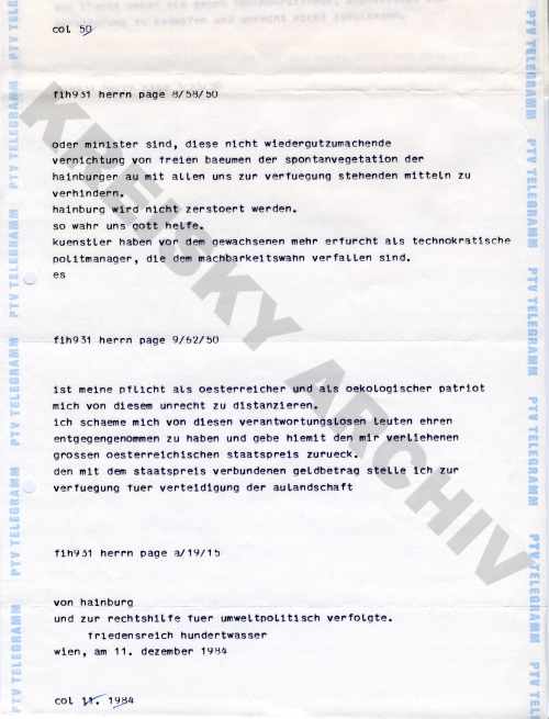 Telegramm von Friedensreich Hundertwasser an Bruno Kreisky bezüglich Ereignisse in Hainburg, gesendet am 11. 12. 1984