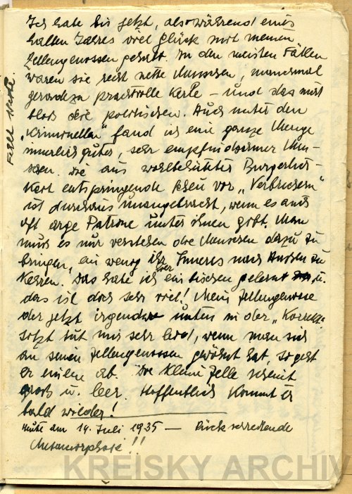 Ausschnitt aus dem Gefängnistagebuch von Bruno Kreisky vom 14. Juli 1935