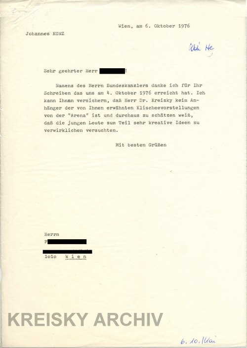 Briefwechsel zwischen einem jugendlichen Arenasympathisanten und dem Bundeskanzleramt im Oktober 1976