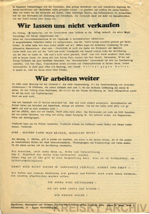 Flugblatt der Arena, das dem Bundeskanzler Kreisky von einem Arenasympathisanten zugesandt wurde.inem jugendlichen Arenasympathisanten und dem Bundeskanzleramt im Oktober 1976