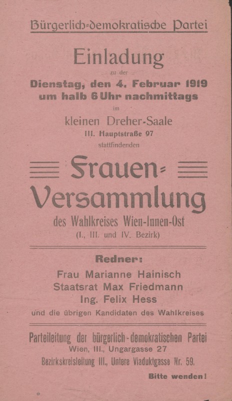 Einladung zu einer Frauenversammlung der Bürgerlich-demokratischen Partei am 4.2.1919 in Wien.