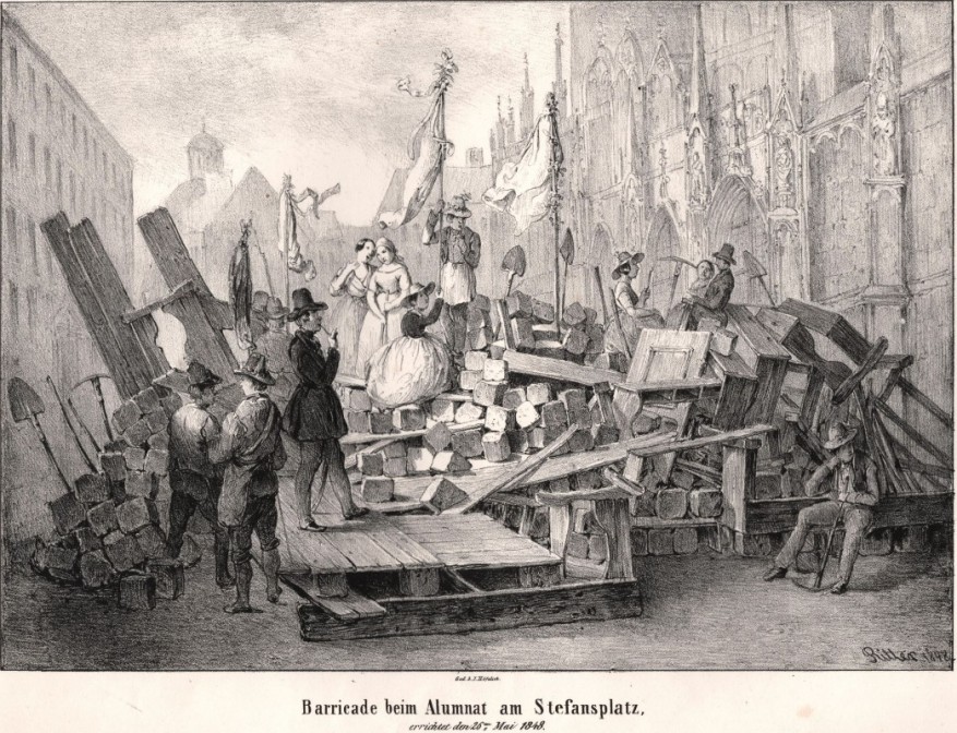 Stich „Barricade Beim Alumnat am Stefansplatz“, 1848. 
