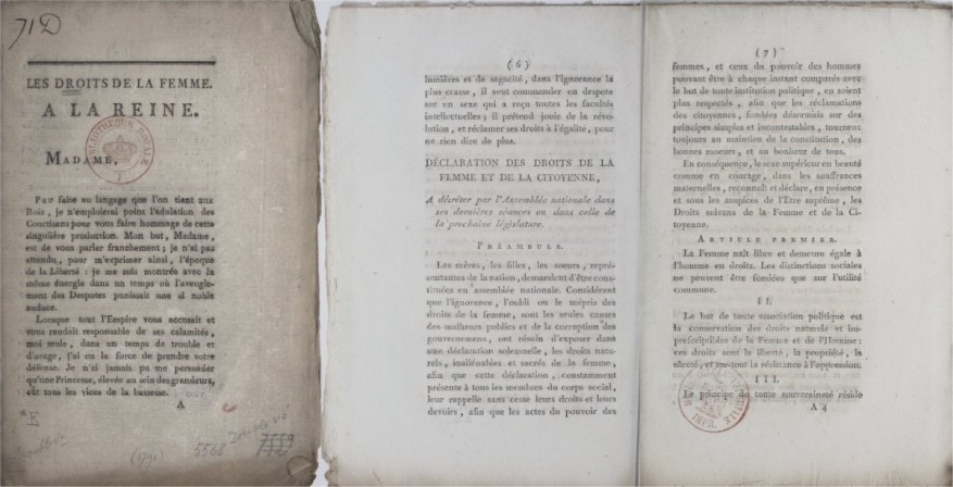 Olympe de Gouges, „Déclaration des droits de la femme et de la citoyenne“ („Erklärung der Rechte der Frau und Bürgerin“), 1791. 