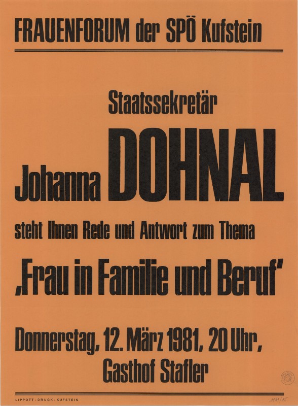 Plakat zu einem Vortrag von Johanna Dohnal in Kufstein, 1981