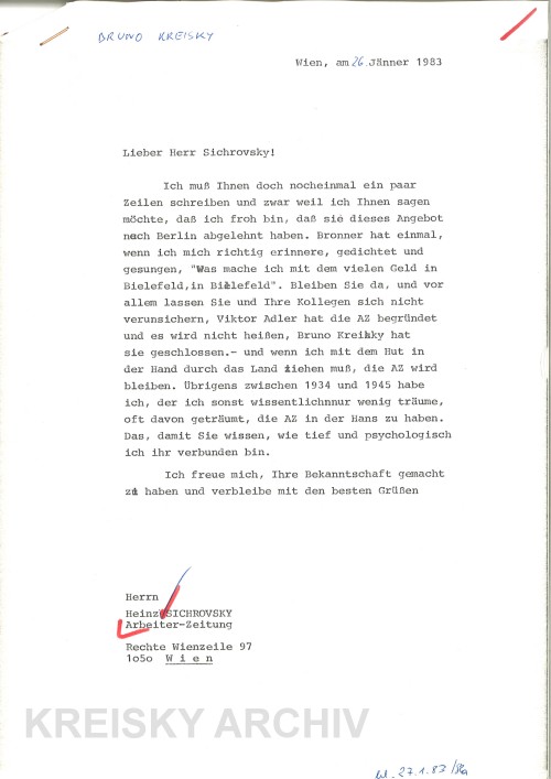 Brief Bruno Kreisky an den AZ-Journalisten Heinz Sichrovsky.