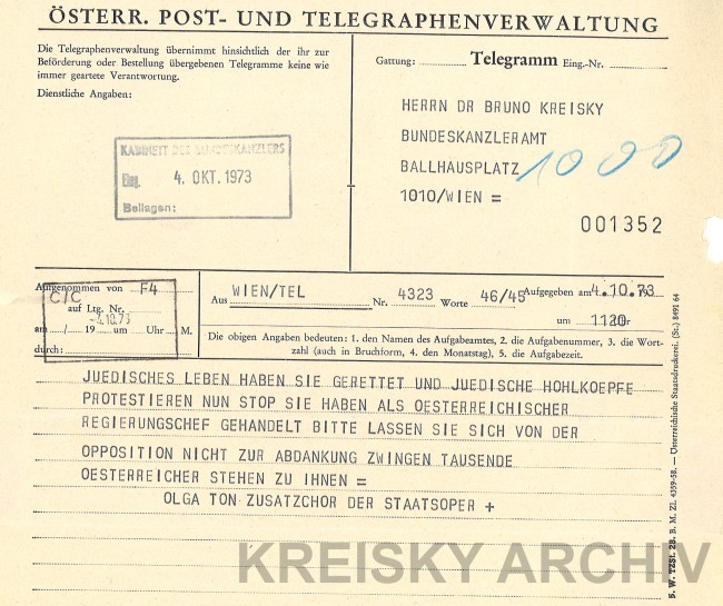 Telegramme an Bruno Kreisky Geiselnahme in Marchegg.