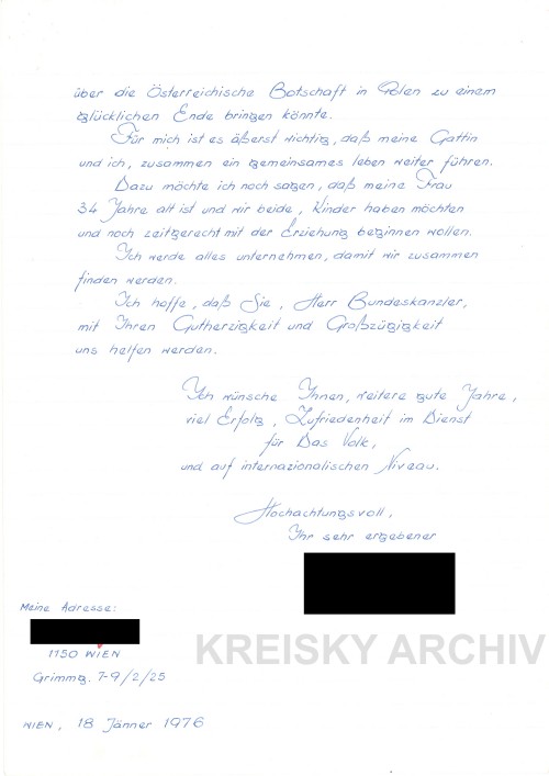 Bitte um Intervention an Bundeskanzler Kreisky bezüglich einer Familienzusammenführung, 1976.