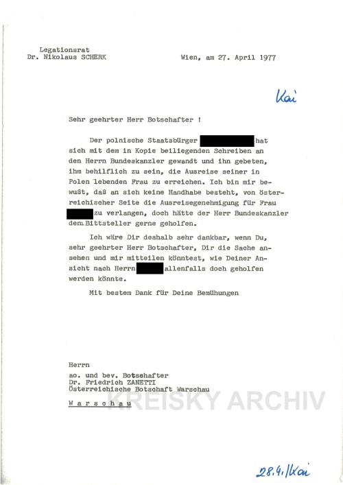 Bitte um Intervention an Bundeskanzler Kreisky bezüglich einer Familienzusammenführung, 1976.