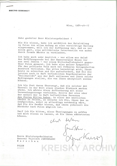 Brief Bruno Kreiskys an den polnischen Ministerpräsidenten Jaruzelsky.