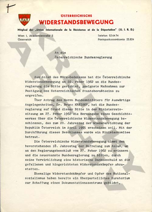 Brief Österreichische Widerstandsbewegung an österreichische Bundesregierung mit Bitte um Einhaltung gemachter Zusagen, 1963.