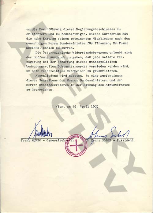 Brief Österreichische Widerstandsbewegung an österreichische Bundesregierung mit Bitte um Einhaltung gemachter Zusagen, 1963.
