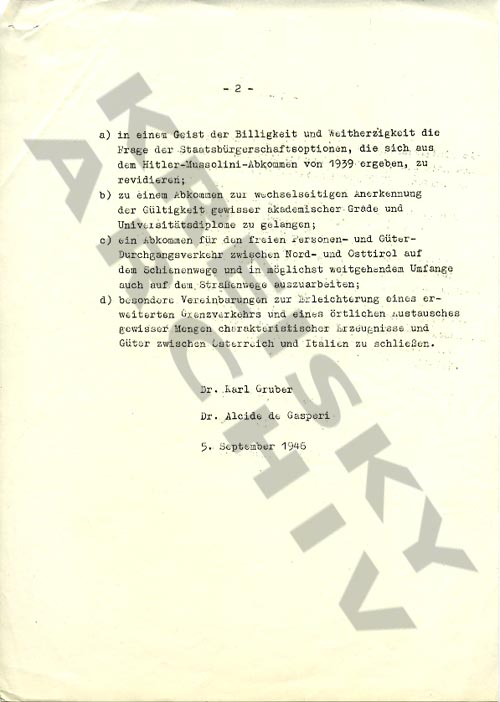 Deutsche Fassung des Pariser Abkommens über Südtirol vom 5. September 1946.