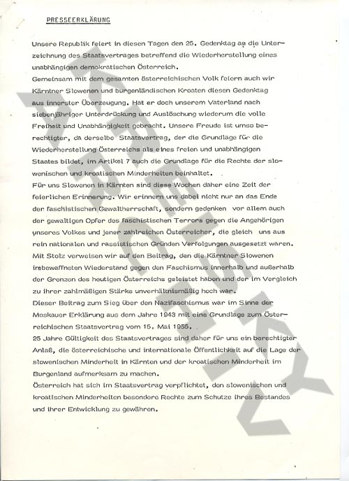 Gemeinsame Presseerklärung von Vertretern der slowenischen und der kroatischen Minderheit in Österreich anlässlich des 25Jahrjubiläums des Staatsvertrages, 1980