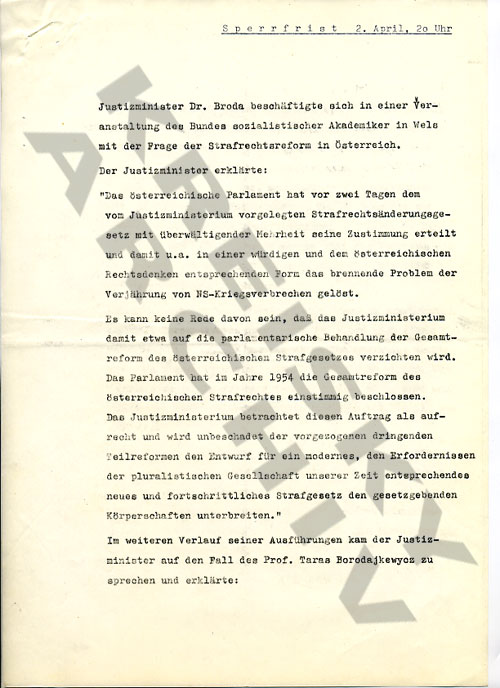 Presseaussendung: Vortrag des BM Broda vor dem BSA betreffend Strafrechtsreform und Affäre Borodajkewycz, April 1965