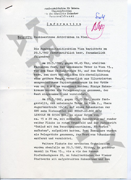 Polizeibericht betreffend Rechtsextreme Aktivitäten in Wien, März 1983