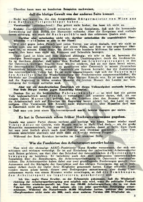 Verteidigungsrede Bruno Kreiskys beim Sozialistenprozess 1936. Die Prozessmitschriften wurden in Brünn gedruckt und in Wien als Flugzettel in Umlauf gebracht.