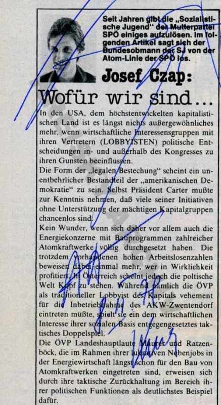 Kommentar von Bundesobmann der SJ Josef Cap gegen Inbetriebnahme von Zwentendorf im Rennbahnexpress, Nr 1/X Oktober 1978