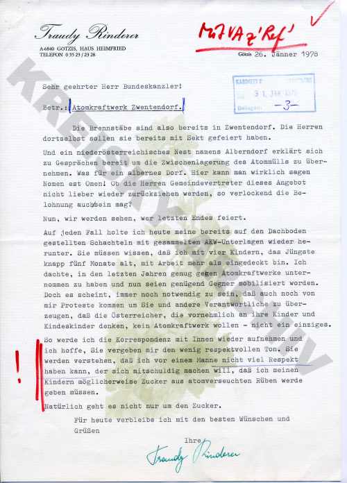 Brief von Kernkraftgegnerin Traudy Rinderer an Bundeskanzler Bruno Kreisky vom 26.1.1978