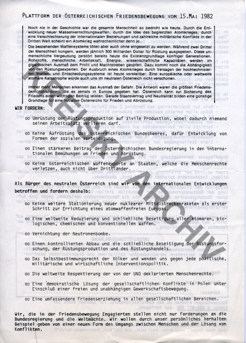 Flugblatt: „Plattform der österreichischen Friedensbewegung vom 15. Mai 1982" Forderungen der Friedensbewegung und Aufruf zur Demonstration am 22. Oktober 1982