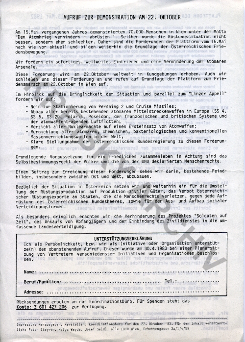 Flugblatt: „Plattform der österreichischen Friedensbewegung vom 15. Mai 1982" Forderungen der Friedensbewegung und Aufruf zur Demonstration am 22. Oktober 1982