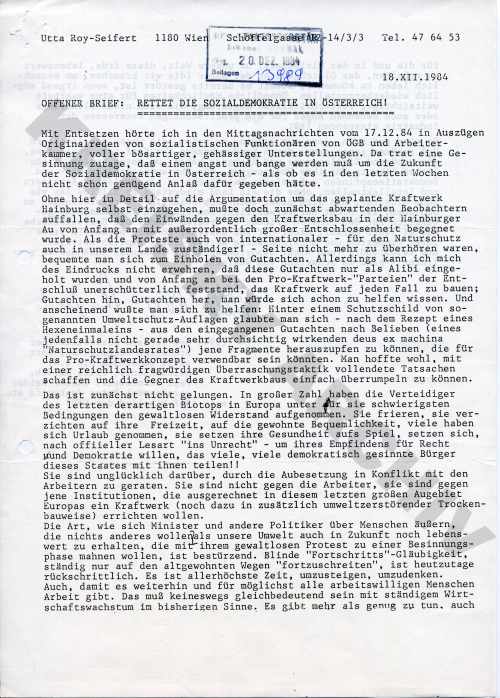 Offener Brief: „Rettet die Sozialdemokratie in Österreich!“ von Utta Roy Seifert am 18. 12. 1984