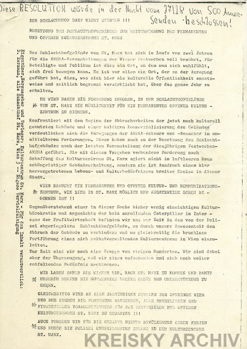 Resolution der Arena-Bewegung, herausgegeben vom Kulturzentrum St. Marx im Juli 1976