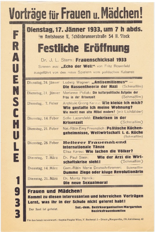Programmzettel der Frauenschule des sozialdemokratischen Bezirksfrauenkomitees Margareten (Wien), 1932–1934.